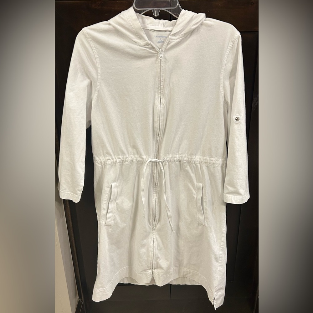 Lands' End White Hooded Zip-Front Swim Coverup